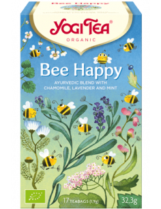 YOGI TEA Bee Happy | camomille, lavande, menthe poivrée-boîte bleu et verte avec des abeilles.