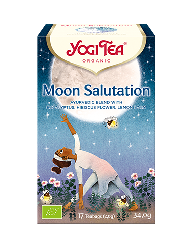 YOGI TEA Moon Salutation |eucalyptus, hibiscus, citron-boîte bleu et violette avec des étoiles et une lune.