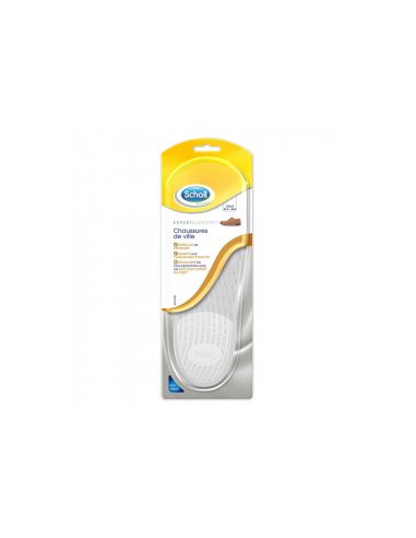 Ville, expert support, semelles de confort-emballage jaune blanc et transparent, semelles grises.