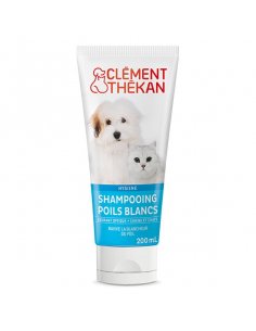 CLEMENT THEKAN Shampooing Poils Blancs Chiens et Chats 200ml-Grand tube blanc avec un chien et un chat blanc.