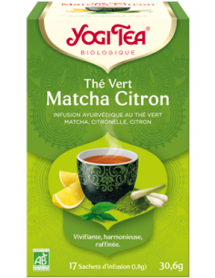 YOGI TEA Thé Vert Matcha Citron | infusion thé vert matcha, citronnelle, citron-boîte verte avec un bol d'infusion.