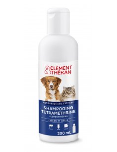 CLEMENT THEKAN Shampooing Tétraméthrine Antiparasitaire - Bouteille blanche et bleu, avec un chien et un chat