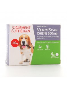 CLEMENT THEKAN VermiScan Vermifuge Chiens - Boîte blanche, grise et verte, avec un chien à gauche.