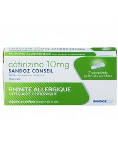 Cétirizine 10mg SANDOZ CONSEIL allergie, symptômes nasaux et oculaires et urticaire -boîte blanche verte.