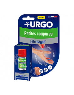 URGO Filmogel Petites Coupures - Petite boite bleu, une main avec une coupure.