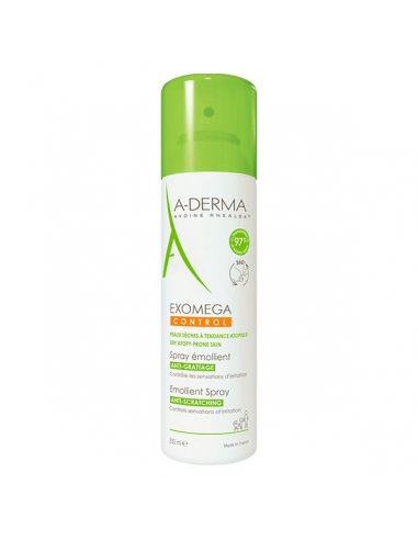 A-DERMA EXOMEGA CONTROL Spray Emollient Anti-Grattage| peaux atopiques, eczéma-flacon blanc et vert avec bouchon vert.