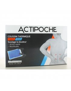 ACTIPOCHE Coussin thermique 20x30cm-boite rectangulaire blanche et noire, avec une femme de dos qui se tient le dos