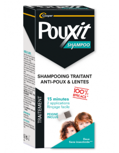 POUXIT SHAMPOO 250ml - Shampoing Anti-lentes et Anti-poux-boîte blanche et noir avec 2 enfants.
