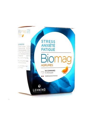 LEHNING Biomag Comprimés Stress Anxiété Fatigue- Boite bleue et blanche avec un quartier d'agrume