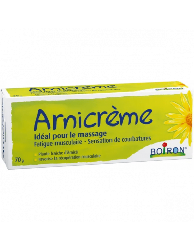 BOIRON ARNICREME Crème Tonifiante pour le Massage - Boite verte et blanche avec une fleur d'arnica montana jaune