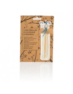 AQUAROMAT Cure-oreilles écologique en bambou-cure-oreille en bambou, étui blanc tissu, emballage carton illustration bambou