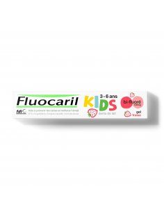 FLUOCARIL en Gel Bi-Fluoré Kids (3-6 ans) à la Fraise-tube blanc et des couleurs pasteles avec une fraise.