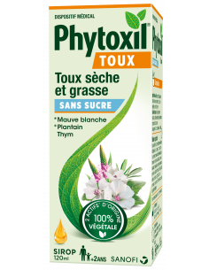 Sirop toux sans sucre PHYTOXIL, toux sèche, toux grasse, gorge irritée-Boîte verte avec orange avec illustration fleurs