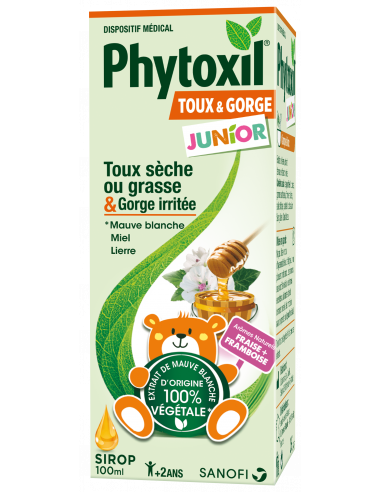 Sirop toux grasse et toux sèche enfants PHYTOXIL JUNIOR Toux et Gorge-Boîte verte avec orange, illustration miel et peluche ours