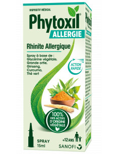 PHYTOXIL Allergies spray nasal, rhinite allergique, pollen, acariens-Boîte verte avec bleu, illustration curcuma