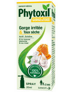 PHYTOXIL Spray gorge irritée et toux sèche, pharyngite, laryngite-Boîte verte avec jaune, illustration miel et fleurs