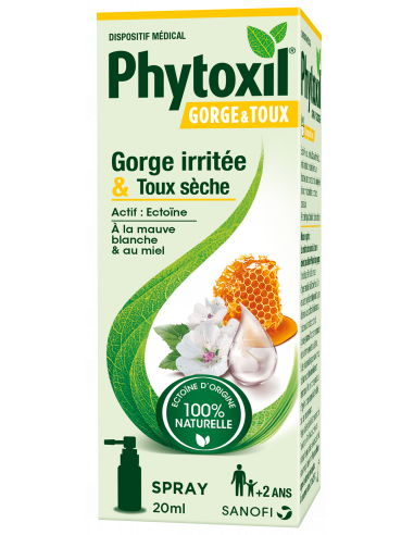 PHYTOXIL Spray gorge irritée et toux sèche, pharyngite, laryngite-Boîte verte avec jaune, illustration miel et fleurs