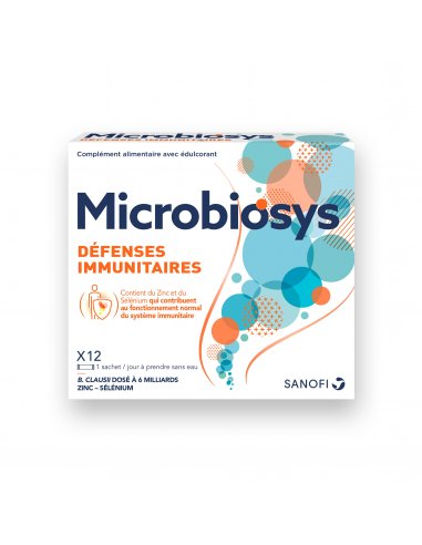 Probiotiques Défenses immunitaires MICROBIOSYS, zinc, système immunitaire-Boîte blanche bleue et orange