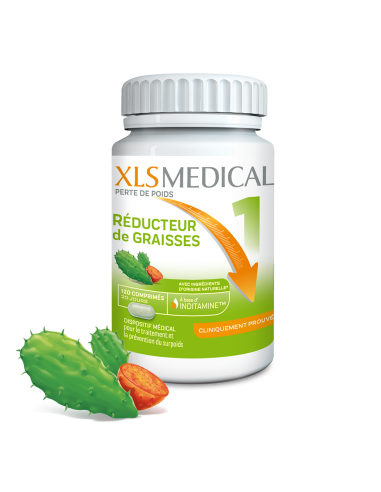 XLS Medical Réducteur de Graisses-pot blanc et vert, illustration flèche orange qui descend et image cactus.
