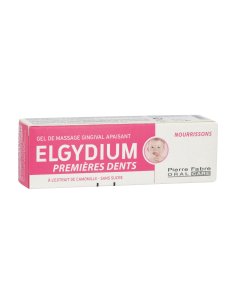 ELGYDIUM PREMIERES DENTS gel de massage gingival 1. Boîte blanche et rose.