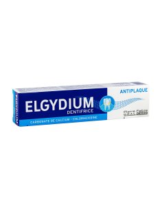 ELGYDIUM Dentifrice anti-plaque 1. Boîte blanche et bleu.