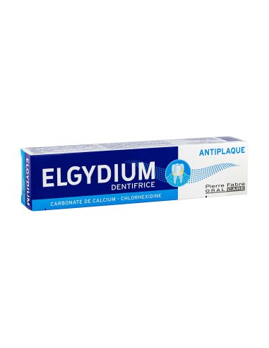 ELGYDIUM Dentifrice anti-plaque 1. Boîte blanche et bleu.