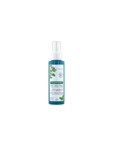 KLORANE Brume Purifiante à la Menthe Aquatique Bio - Flacon spray bleu, étiquette blanche avec des plantes.