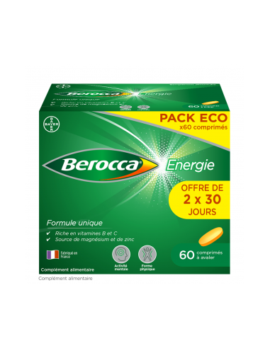 Berocca Energie comprimés 60 comprimés offre de 2*30 jours.Berocca Energie comprimés. pack eco, Boîte verte et jaune