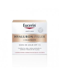 EUCERIN Hyaluron-Filler + elasticity Soin De Jour SPF 15. Boite blanche et doré.