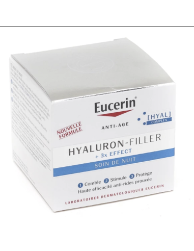 EUCERIN Hyaluron-Filler Soin de Nuit + 3 × Effect. Boite blanche et grise.