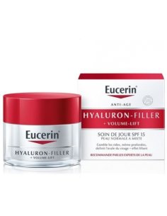 EUCERIN Hyaluron-Filler Soin De Jour SPF 15 + volume-lift. Boite blanche et rouge.