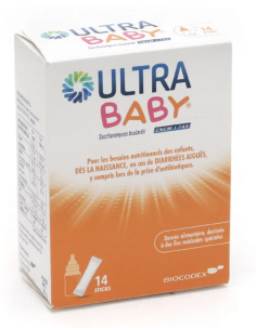 Ultra Baby antidiarrhéique bébé sticks. Boite orange et blanche.