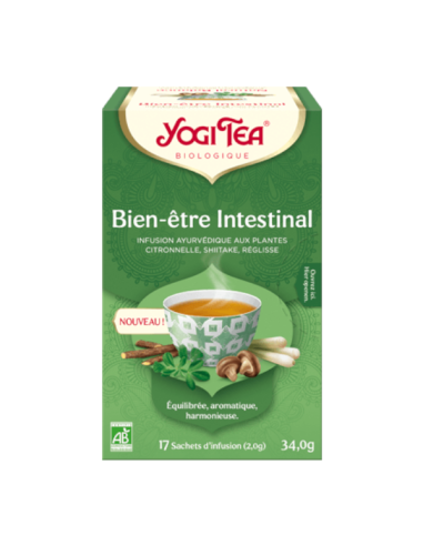 YOGI TEA Bien-Être Intestinal. Boite verte avec une tasse de thé.
