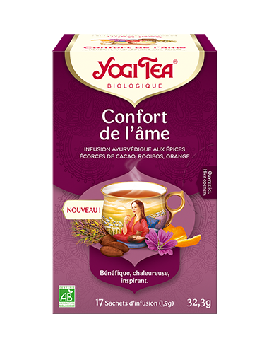 YOGI TEA Confort De L'Âme. Boite rose et violette avec une tasse de thé.