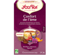 YOGI TEA Confort De L'Âme. Boite rose et violette avec une tasse de thé.