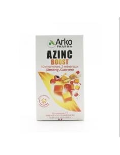 ARKOPHARMA Azinc Boost 10 vitamines et 3 minéraux. Boite blanche avec des représentations de vitamines sur la boite.