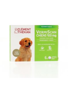 CLEMENT THEKAN VermiScan Vermifuge Chiens - Boîte blanche, grise et verte, avec un chien à gauche.