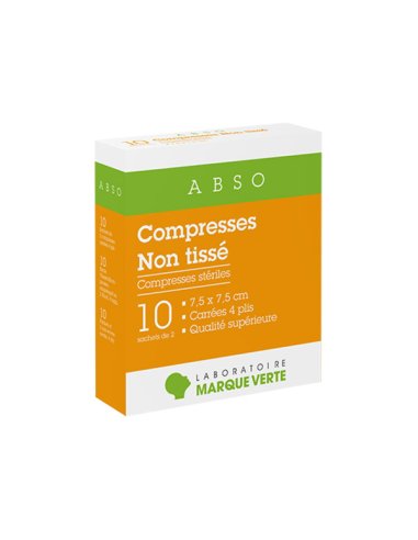 ABSO Compresses Stériles Non Tissés 7,5cmx7,5cm - 10 sachets de 2