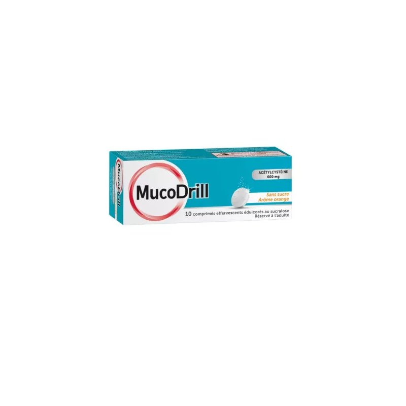 MUCODRILL 600 mg Sans sucre orange-boite bleue et blanche