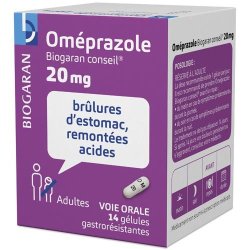 Biogaran Oméprazole brûlures d'estomac, régurgitations acides. Boite violette et blanche. 14 gélules