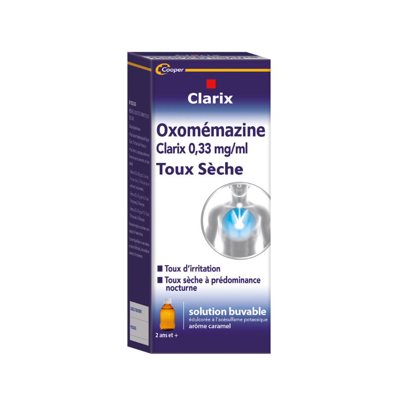 OXOMEMAZINE COOPER Médicament Toux Sèche - Boite violette avec image de thorax