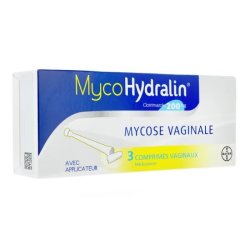MYCOHYDRALIN Mycose vaginale comprimés 200mg-boite blanche et bleue avec illustration applicateur
