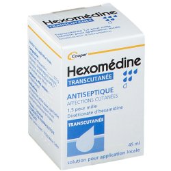 HEXOMEDINE Antiseptique Transcutanée. Boite blanche, bleu et jaune.