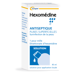 HEXOMEDINE Antiseptique Plaies Superficielles. Boîte blanche avec police bleu. 45ml