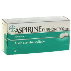 ASPIRINE du Rhône 500 mg comprimé-boite rectangulaire blanche et verte, image d'aspirine à droite
