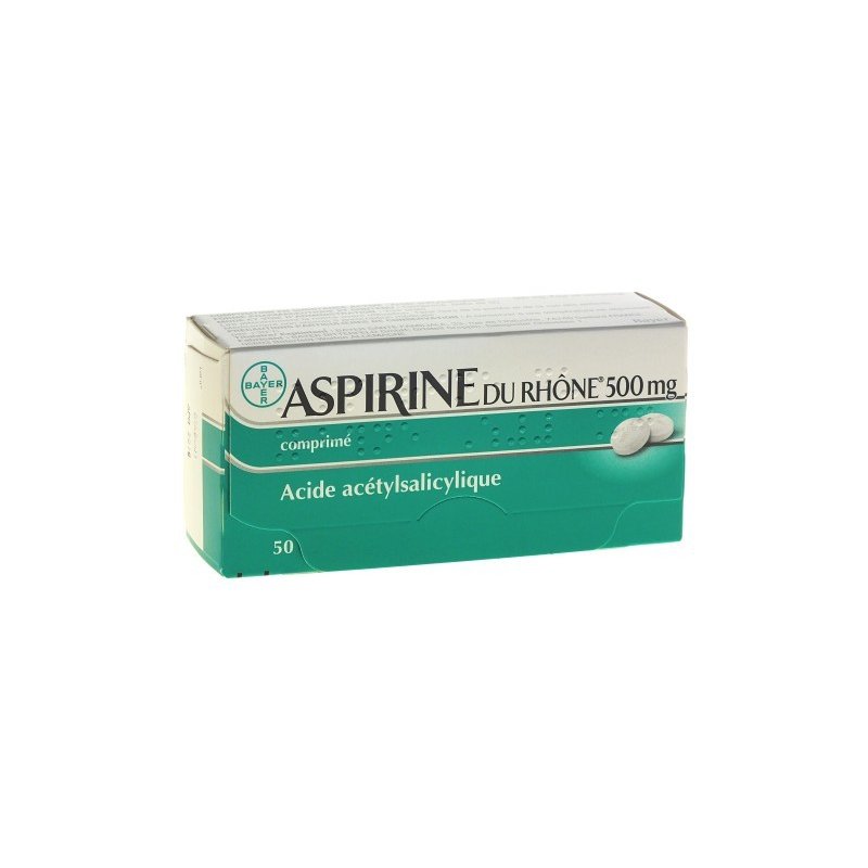 ASPIRINE du Rhône 500 mg comprimé-boite rectangulaire blanche et verte, image d'aspirine à droite