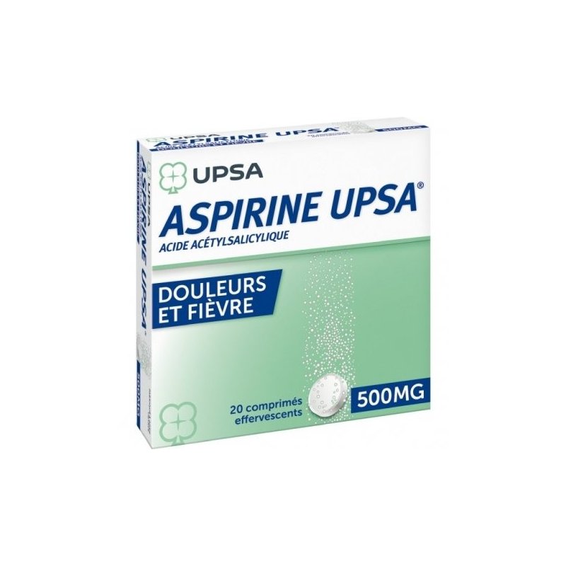 UPSA Douleurs et Fièvre Aspirine 500 mg - Boite verte et bleu avec un comprimé.