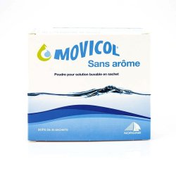 MOVICOL Sans arôme boîte de 20 sachets pour soulager la Constipation-Boîte blanche et bleue avec image vague d'eau