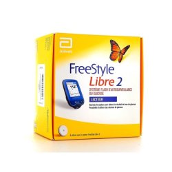 FreeStyle Libre 2 Lecteur - boite jaune avec un papillon et un lecteur