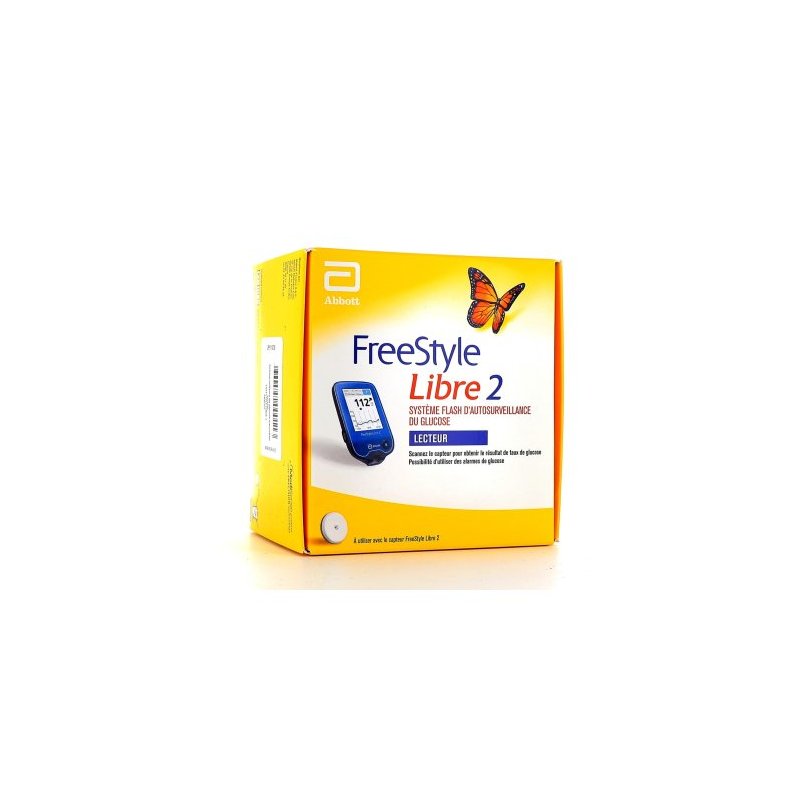 FreeStyle Libre 2 Lecteur - boite jaune avec un papillon et un lecteur